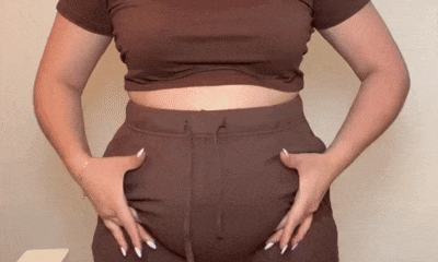 A real postpartum belly, then smoothed and held in by The Sculpt Brief's 360° cross-band