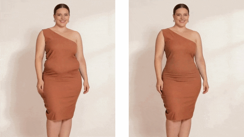 Before and after: the same dress without and with The Sculpt Brief underneath, showing the instant smoothing effect